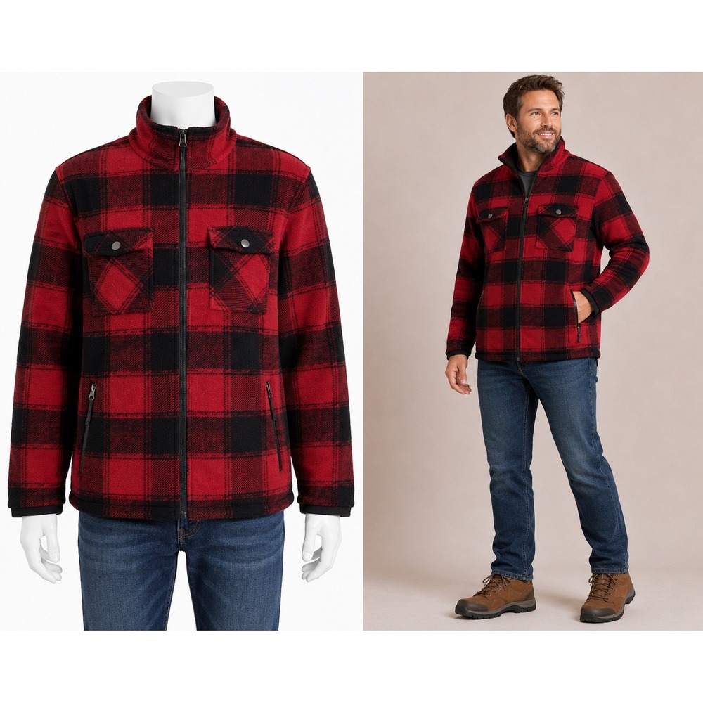 Cabelas Fleece Jacket Mens Large Tall Red Black Plaid Sherpa Lined Full Zip Top